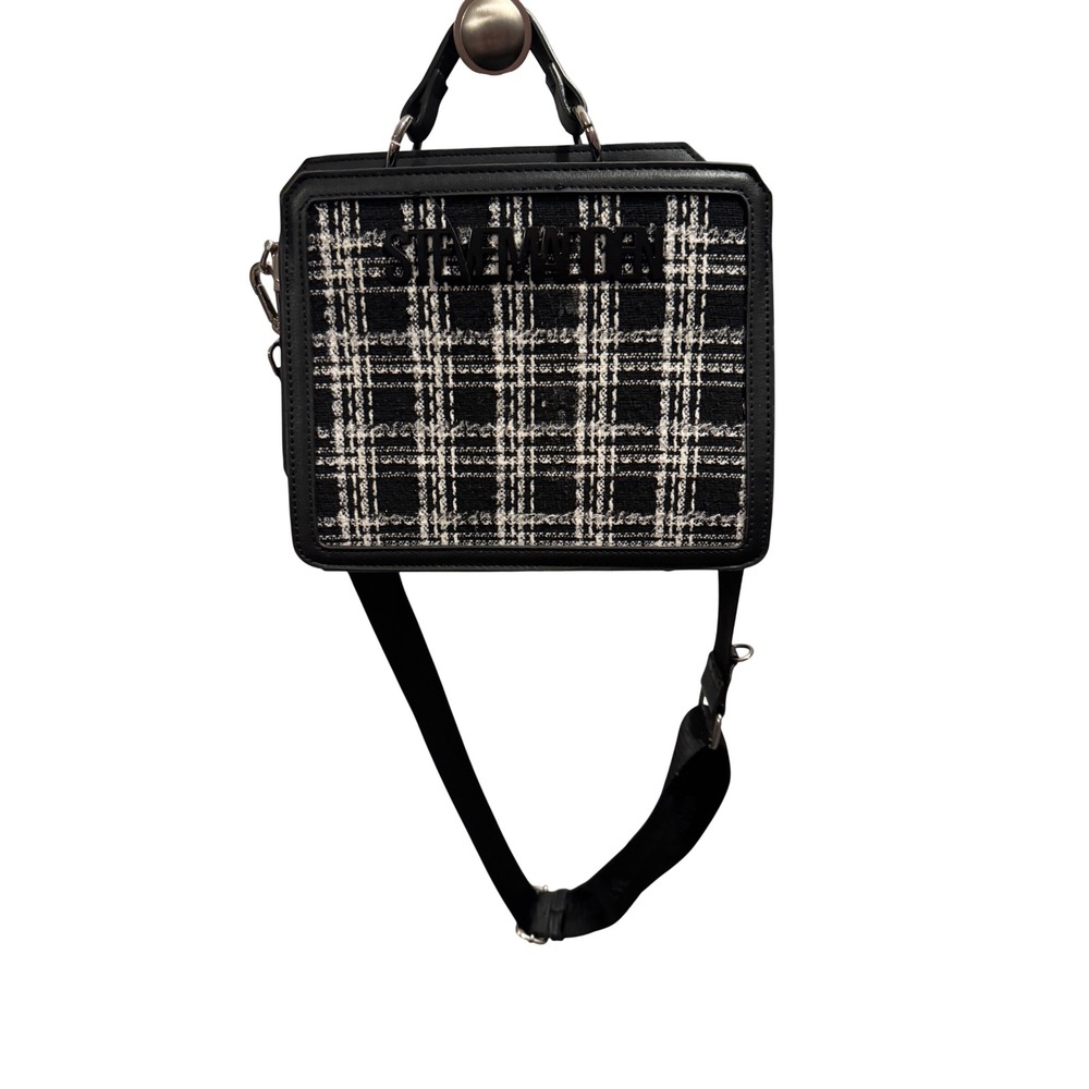Steve Madden B-Zanny Plaid Tweed Box Crossbody Bag Black White Satchel